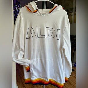 Women's White Aldi Hoodie with Rainbow Accents